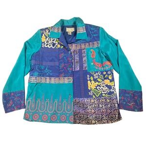 Diane Gilman Women's Blue Silk Blend Tunic Embroidered Medium